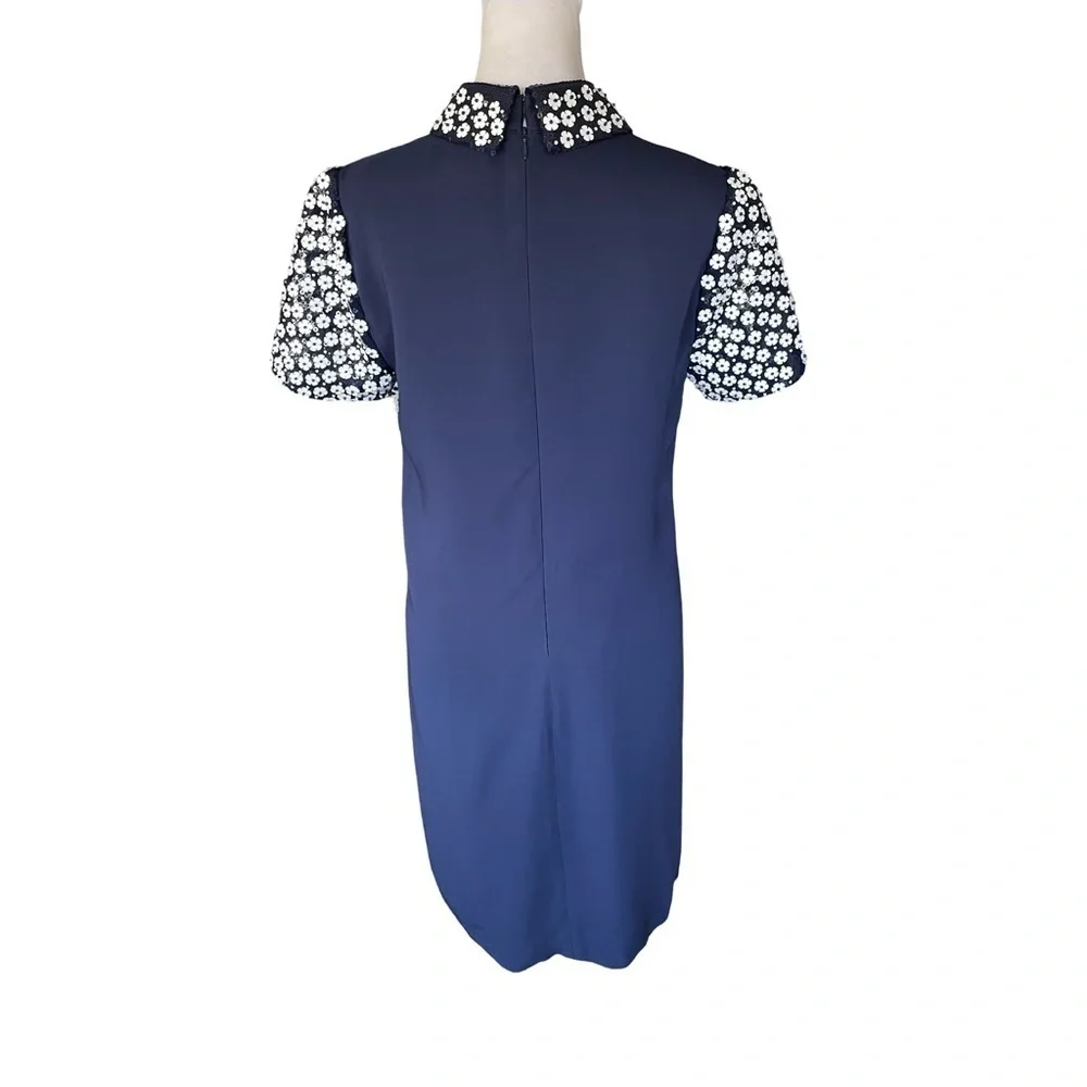 Michael Kors Floral Appliqué Collared Shift Dress Navy Blue and White Size 8